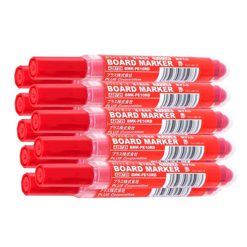 PLUS Whiteboard Markers Fine Tip 1mm Red 10-Pack Push Button Liquid Ink Marker BMK-PE10RD