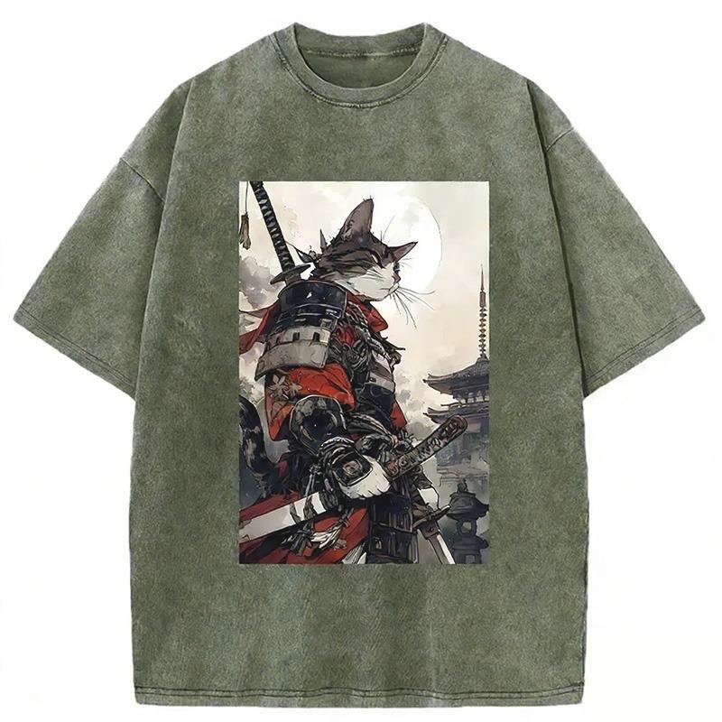 Men's Holiday Cotton T-shirts Casual Loose Short Sleeve O-neck Washed Acid Heavyweight Tees Samurai Cat Chic Tunics