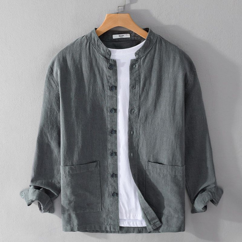 Spring and Autumn Japanese Style Vintage Long Sleeve Shirt Men Cotton and Linen Chinese Style Stand Collar Loose Casual Overshirt Chinese Style