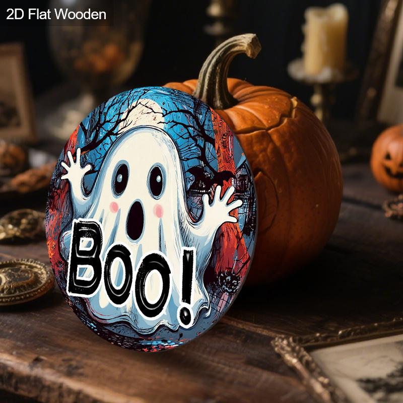 Halloween Wooden Sign with BOO Ghost Pattern - Charming Figurine Ornaments - Ideal for Front Door, Wall, Room Decor