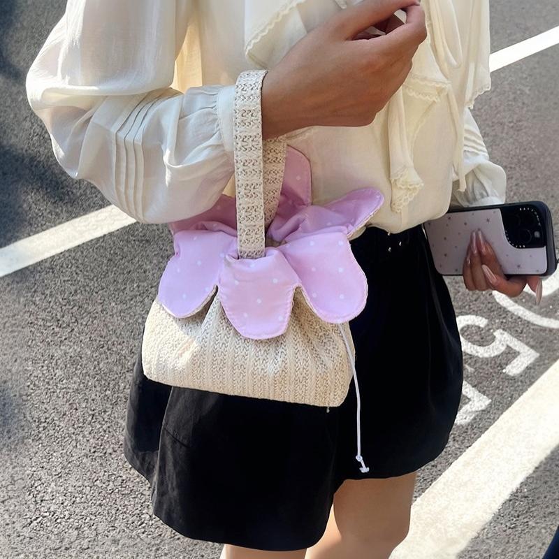Floral Print Drawstring Crossbody Bag Korean Style Pocket Flower Pattern Durable Canvas Shoulder Bag for Daily Carry