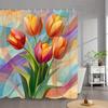 1Pc Abstract Tulips Shower Curtain - Modern Floral & Geometric Pattern With Orange-Red Blooms & Pastel Accents,