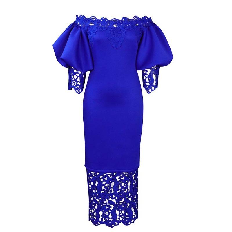 

New one-word shoulder off-the-shoulder hip-wrapped lace splicing lantern sleeve dress dress dress XXXL синій