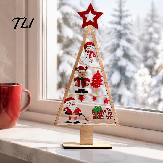Desktop Christmas Ornament Wooden Tabletop Tree Decor, Hollow Xmas Ornament, Farmhouse Centerpiece for Holiday Party Home Decoration, Gift Handmade