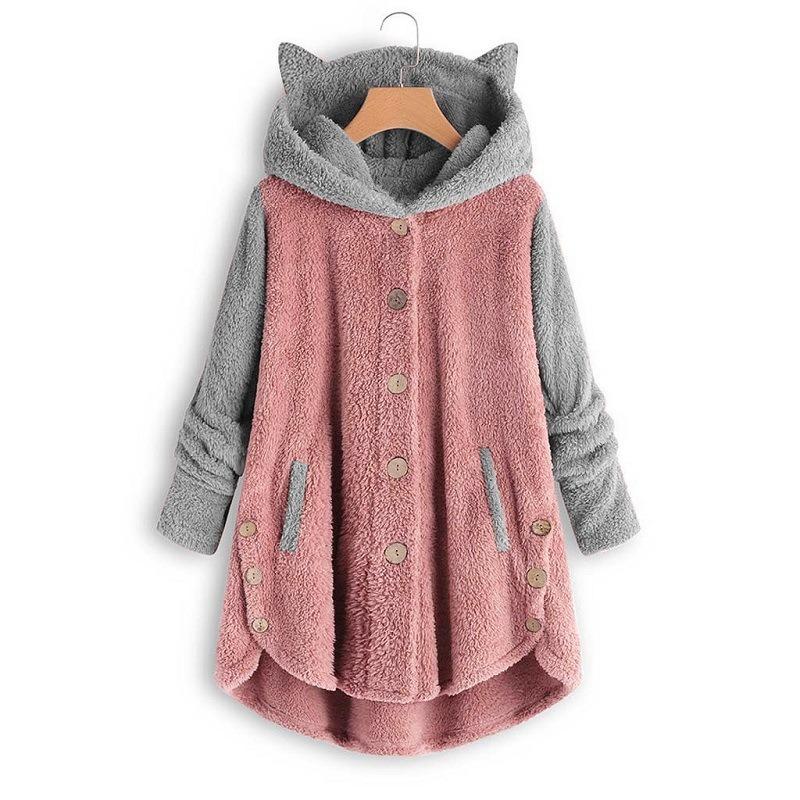 Autumn and Winter Button Hooded Cat's Ears (Steamed Cat-ear Shaped Bread) Plush Coat Irregular Color Matching Coat Women