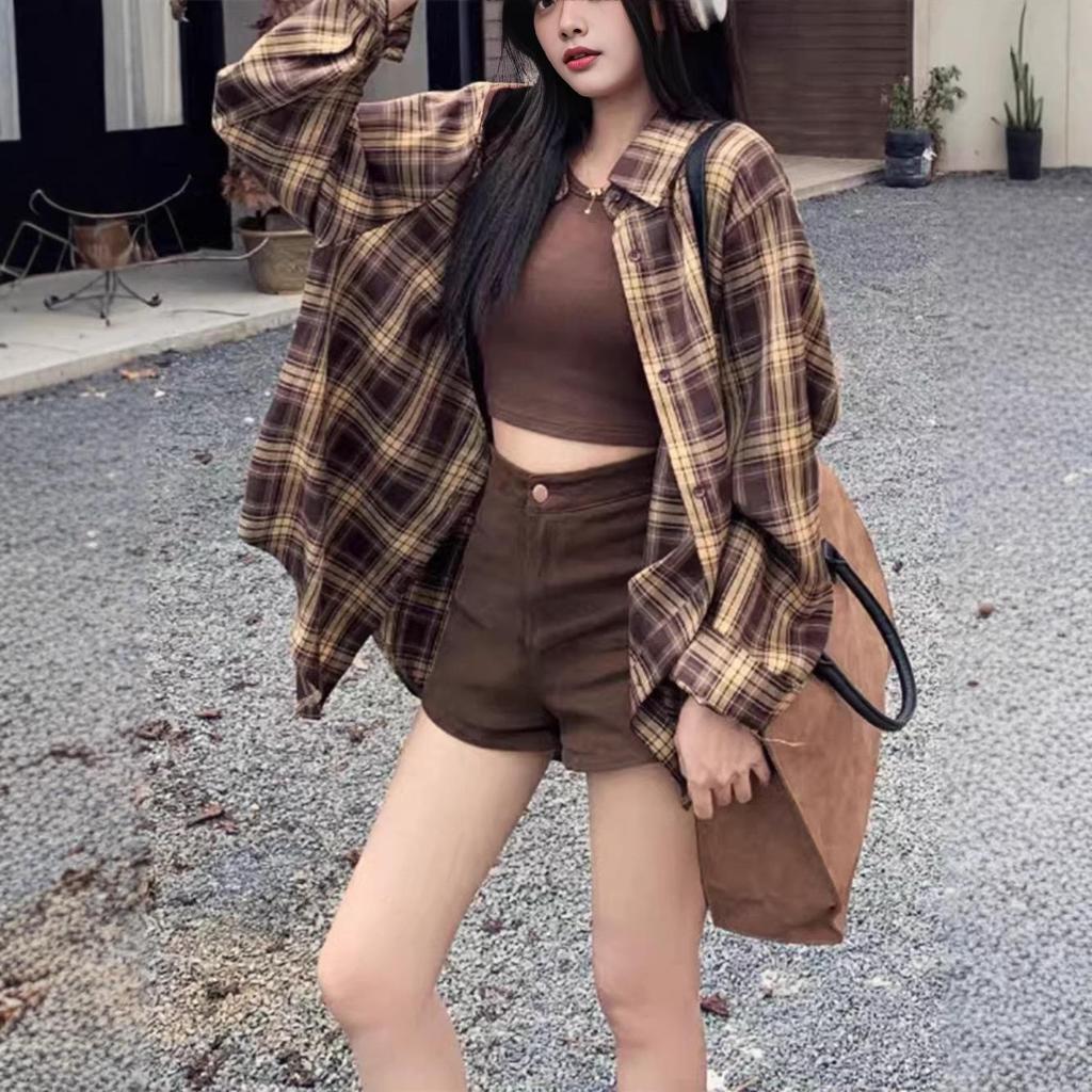 Women's Plaid Long Sleeve Korean Style Cardigan Shirt - Loose Retro Jacket for Spring and Autumn
