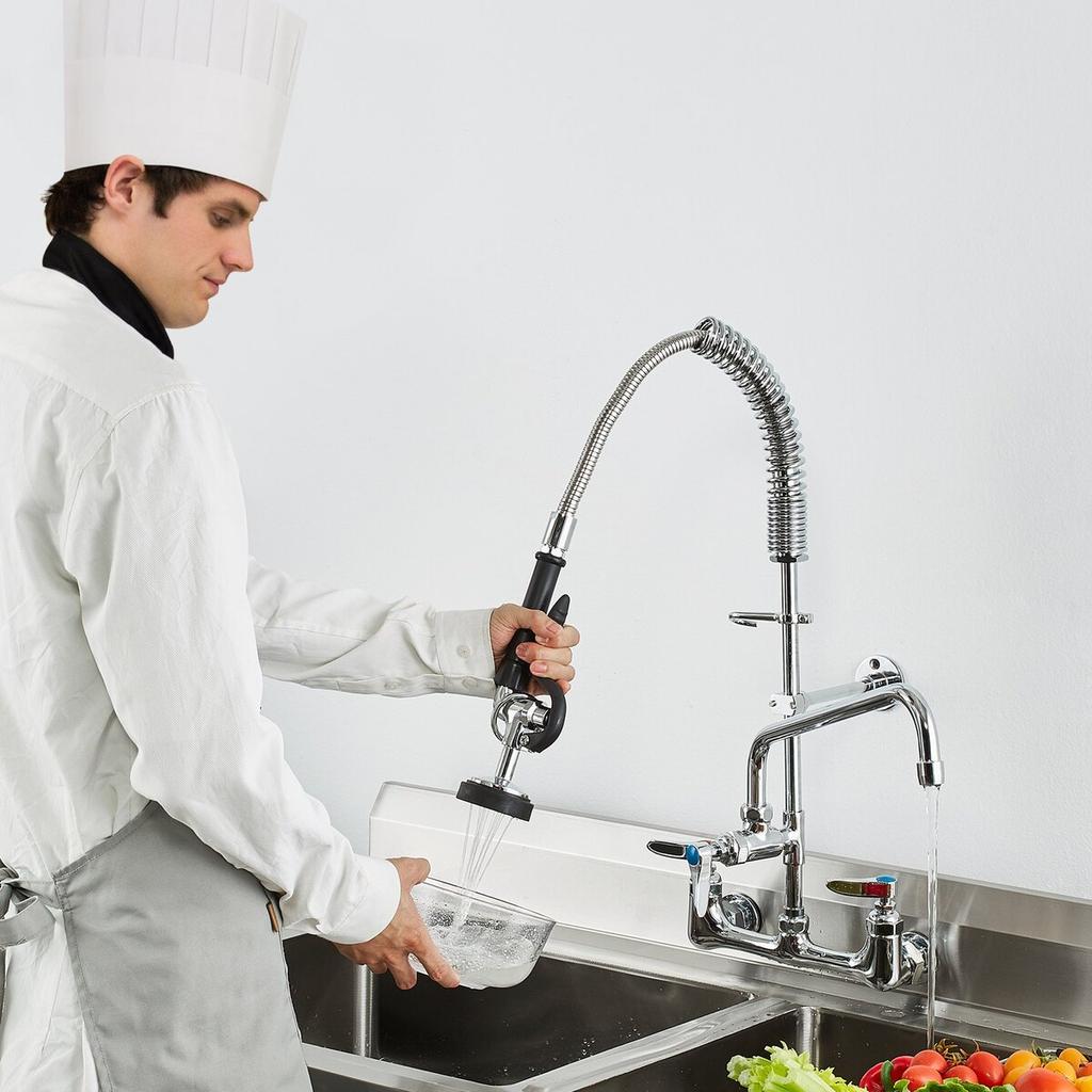 Commercial Faucet with Pre-Rinse Sprayer, 25" Height, 8" Center, 12" Swing Spout, Wall Mount Kitchen Sink Faucet, Brass Constructed Device with Pull