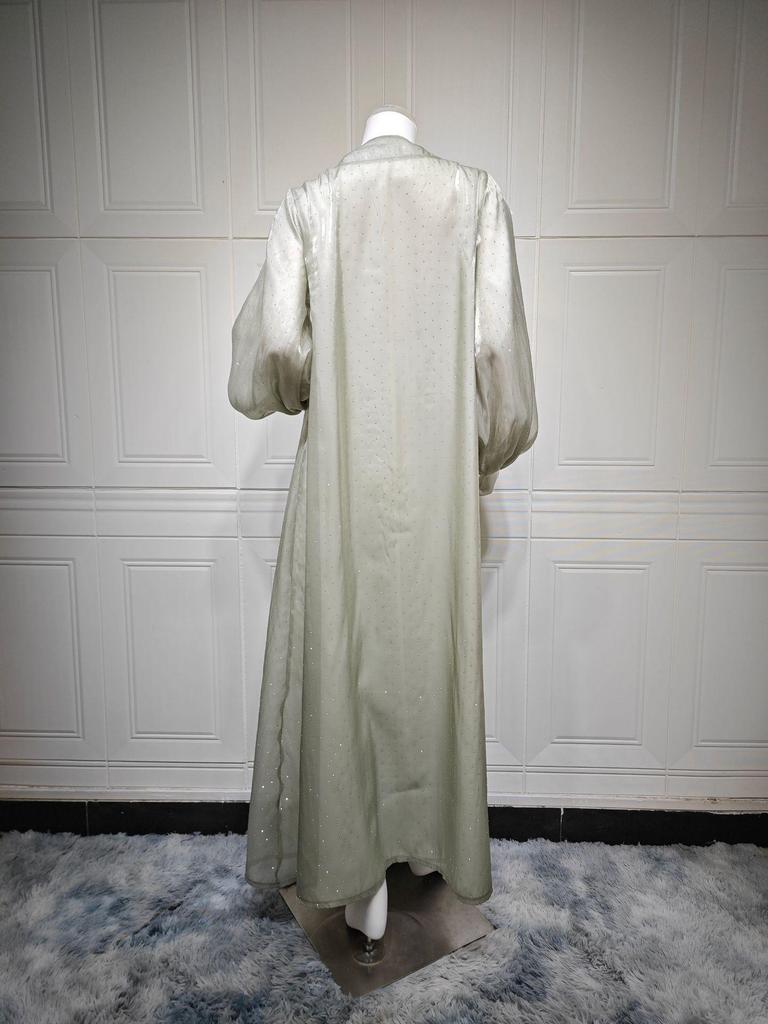 AB453 Puff Sleeve Cardigan: Elegant Long Dress & Robe Set with Hot Drill Accents