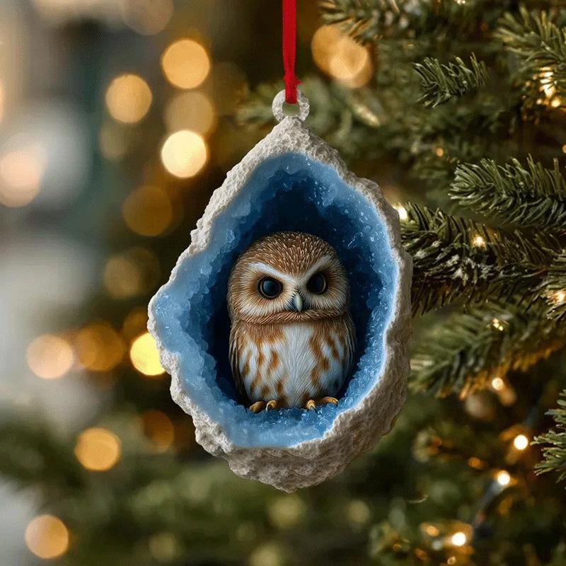 2D Flat Acrylic Cute Cartoon Animal Rabbit Owl Raccoon Pendant Christmas Tree Hanging Ornaments Home Decor Creative Xmas Gift