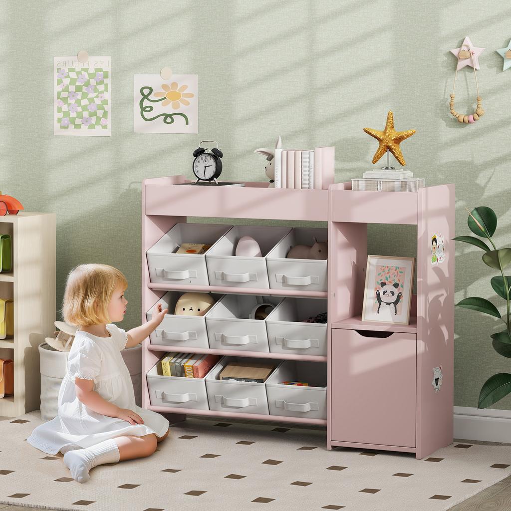Kids Toy Storage, 9 Removable Fabric Bins, Wooden Toy Storage Units for Toys and Books for Bedroom, Nursery, Pink