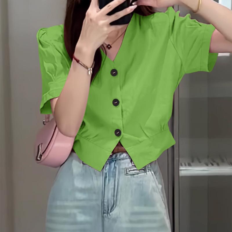 ZANZEA Women Casual V-Neck Solid Color Summer Short Sleeve Blouse