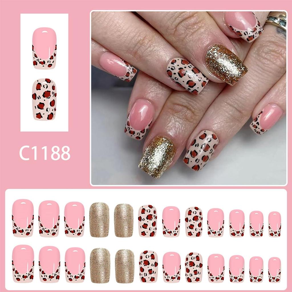 Leopard Print French Tip Press on Nails Medium Square Fake Nails with Gold Glitter Designs Acrylic Glue on Nail Pink Glossy False Nails Full Cover