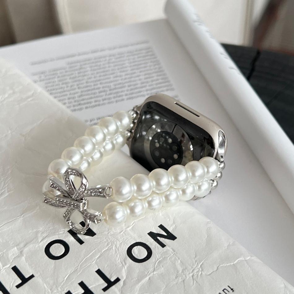

Strap For Apple Watch Band S11 S10/9/8/7/6/SE/Ultra 3 2 IWatch 49/46/45/44/42/41/40/38mm Luxury Bowknot Pearl Elastic Bracelet 38 40 41(S11 10)42MM