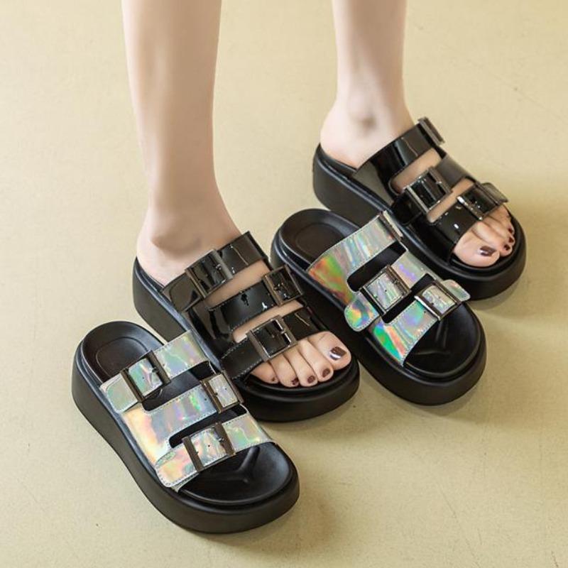 Fashion 6cm New Split Leather Patent Summer Women Sandals Ladies Slipper Platform Wedge Mujer Comfy Fashion 2024 Fashon Peep Toe Shoes