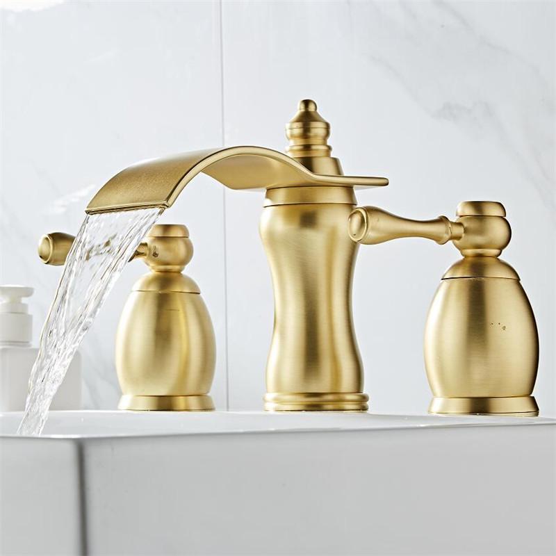 Tuqiu Brushed Gold Bathroom Basin Faucet Hot Cold Rose Gold lWater Faucet Widespread Sink Mixers Tap Deck Mount Wash Tub Fauctes