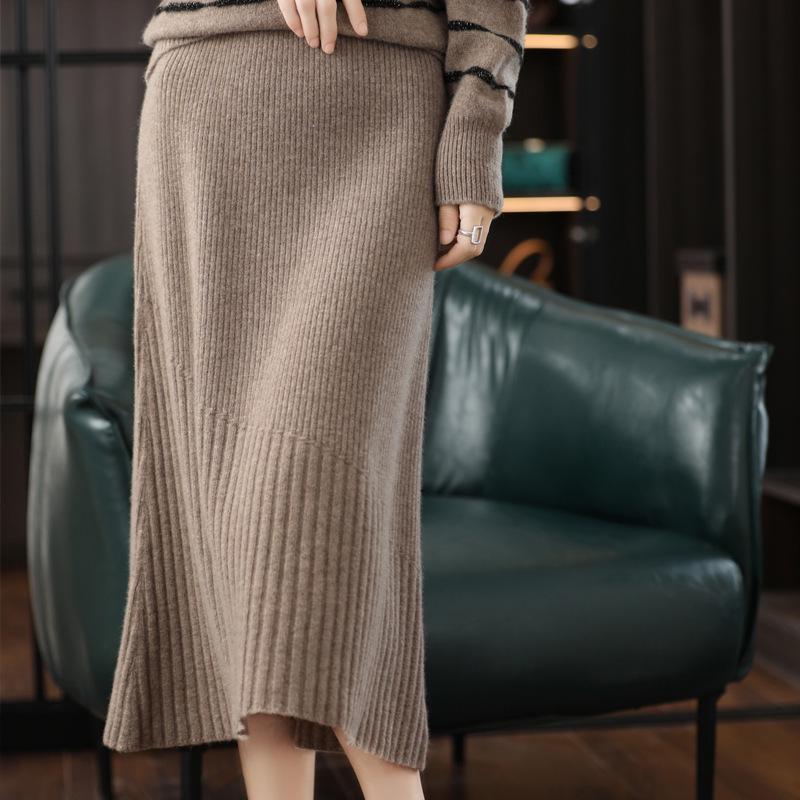 Falda midi de rayas para mujer 100% lana pura: Versátil, Adelgazante, Cintura Alta, Ajustado a las Caderas, Largo hasta la Rodilla, Punto de Cachemira.