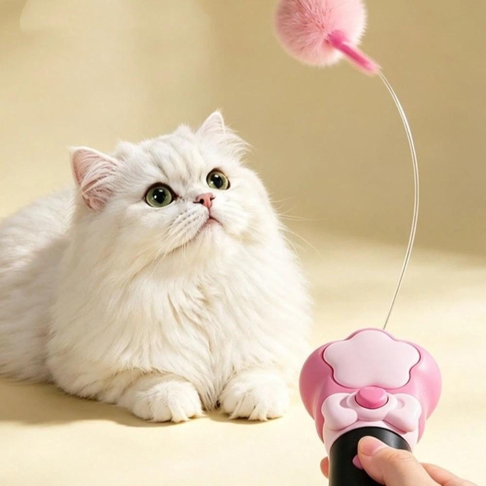 Retractable Electric Cat Teaser Long-Lasting with Plush Ball Interactive Cat Wand Handheld Teasing Stick Indoor Play