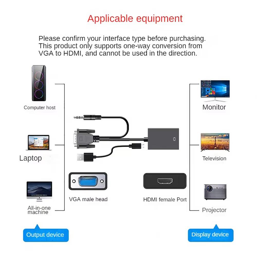 1080P VGA to HDMI Converter Full HD Cable with 3.5mm Audio Output HDMI-compatible Adapter for PC laptop to HDTV Projector