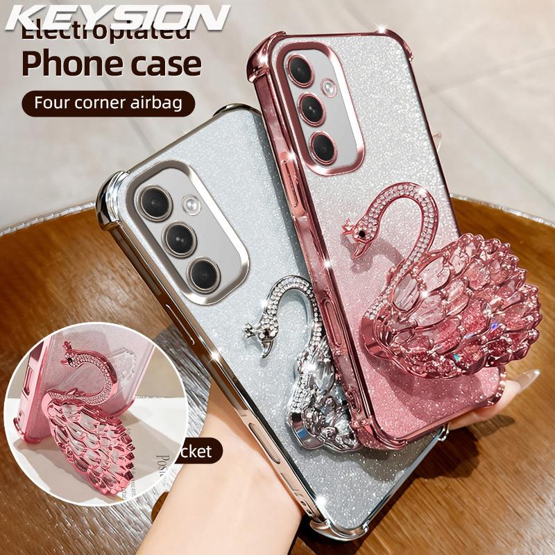 KEYSION Custodia in TPU Placcato Antiurto per Samsung A55 5G A35 A25 A15 Cigno Brillante Gioiellato Supporto Posteriore per Galaxy A05S