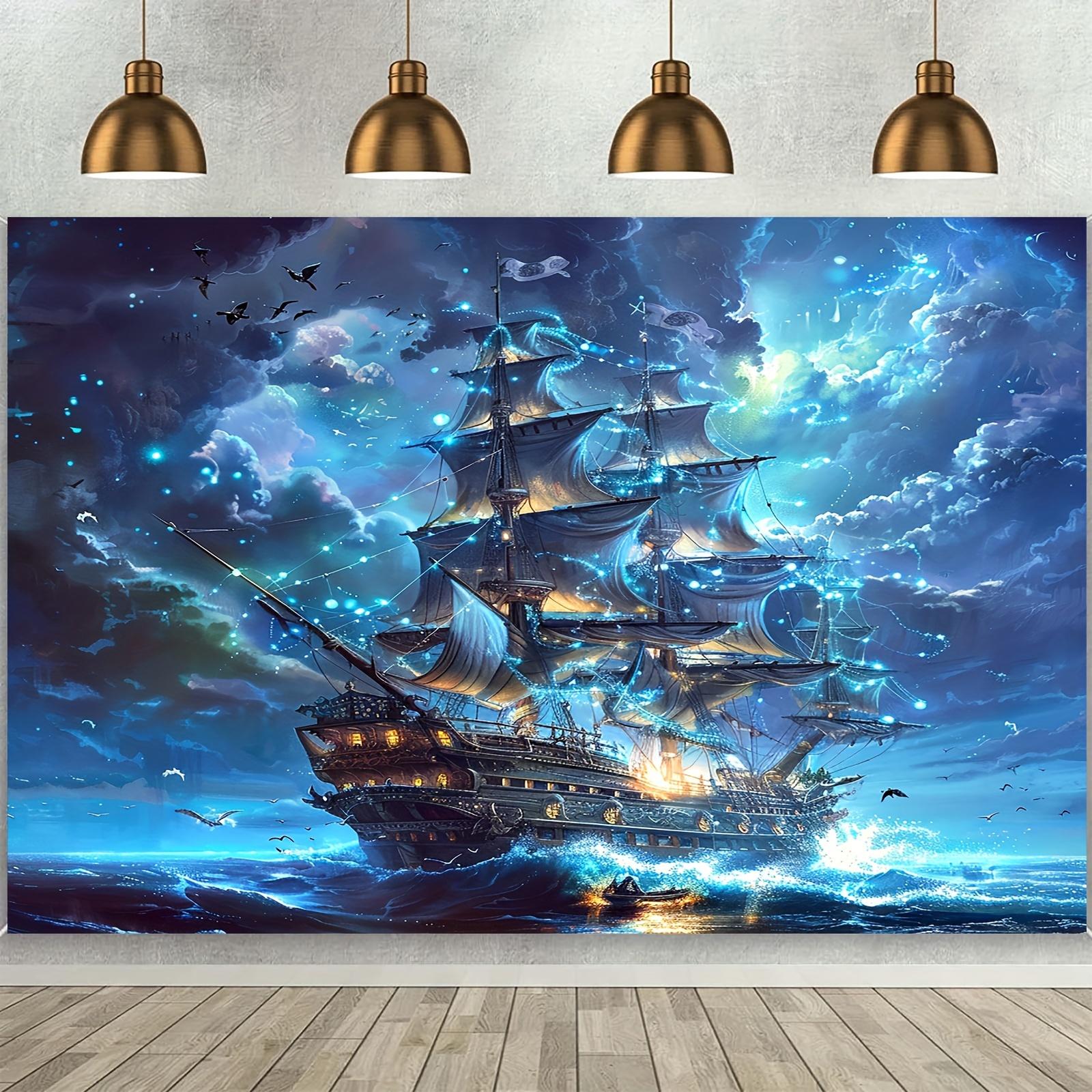 

Enchanted Nautical Adventure Wall Tapestry for Living Room Decor Featuring a Majestic Sailing Ship Illuminated by Ethereal Blue 74x94cm(29x37in)