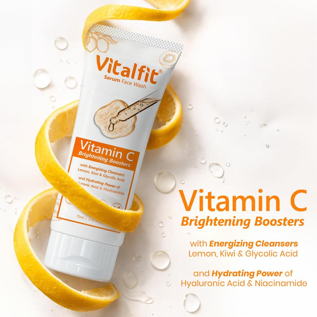 Vitalfit Vitamin C Serum Face Wash | Brightening Cleanser with Glycolic Acid, Hyaluronic Acid & Niacinamide | With Lemon & Kiwi Extracts | For Glo