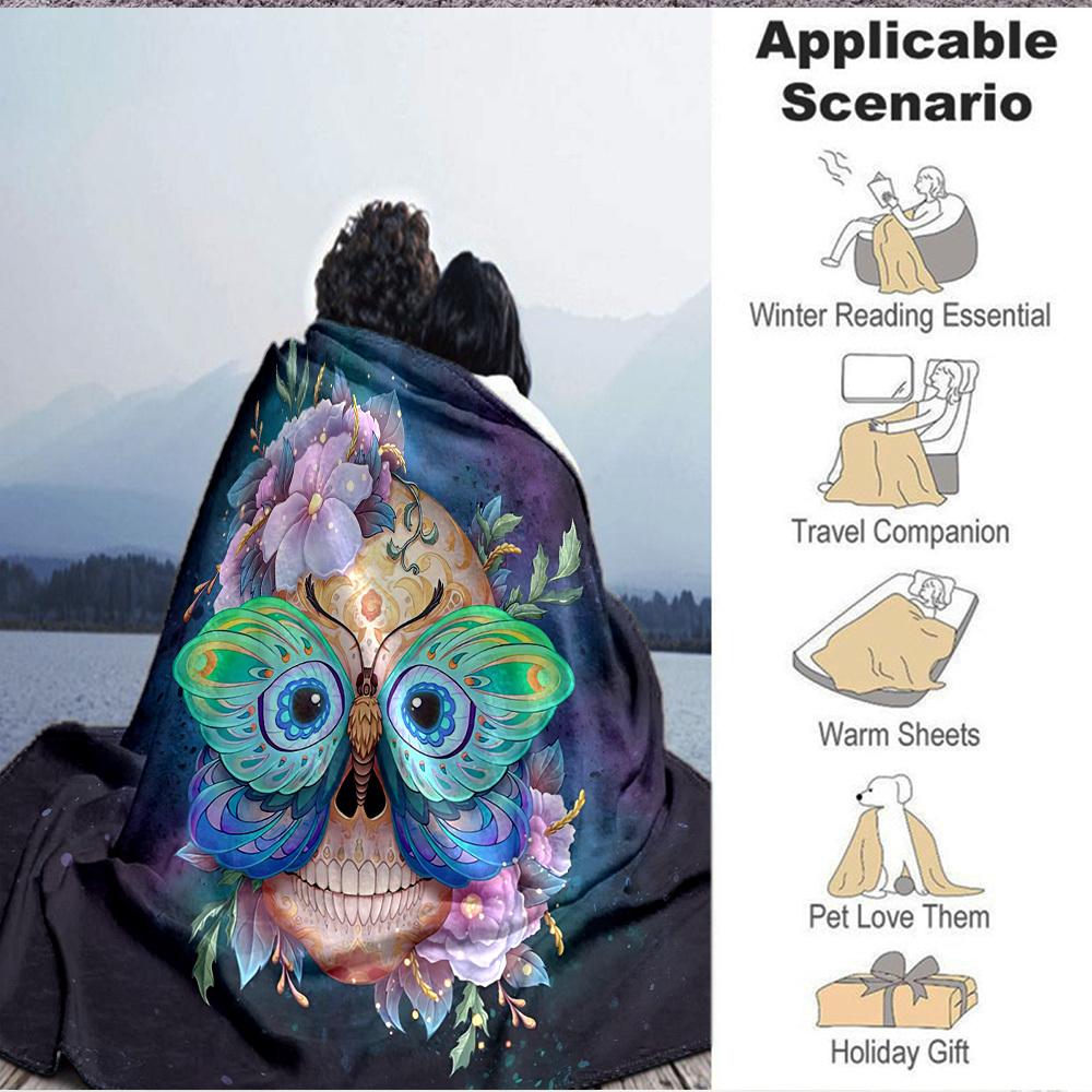 1pc Skull Butterfly Lightweight Flannel Blanket, Comfortable and Warm Blanket, for Office and Camping Sofa Bed, Livingroom091