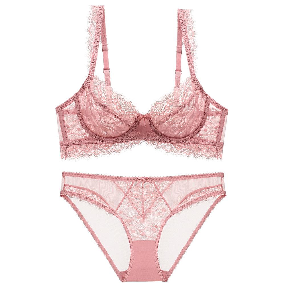 Ultra-thin sponge-free transparent bra, big chest and small lace bra, women's sexy underwear, bra set.