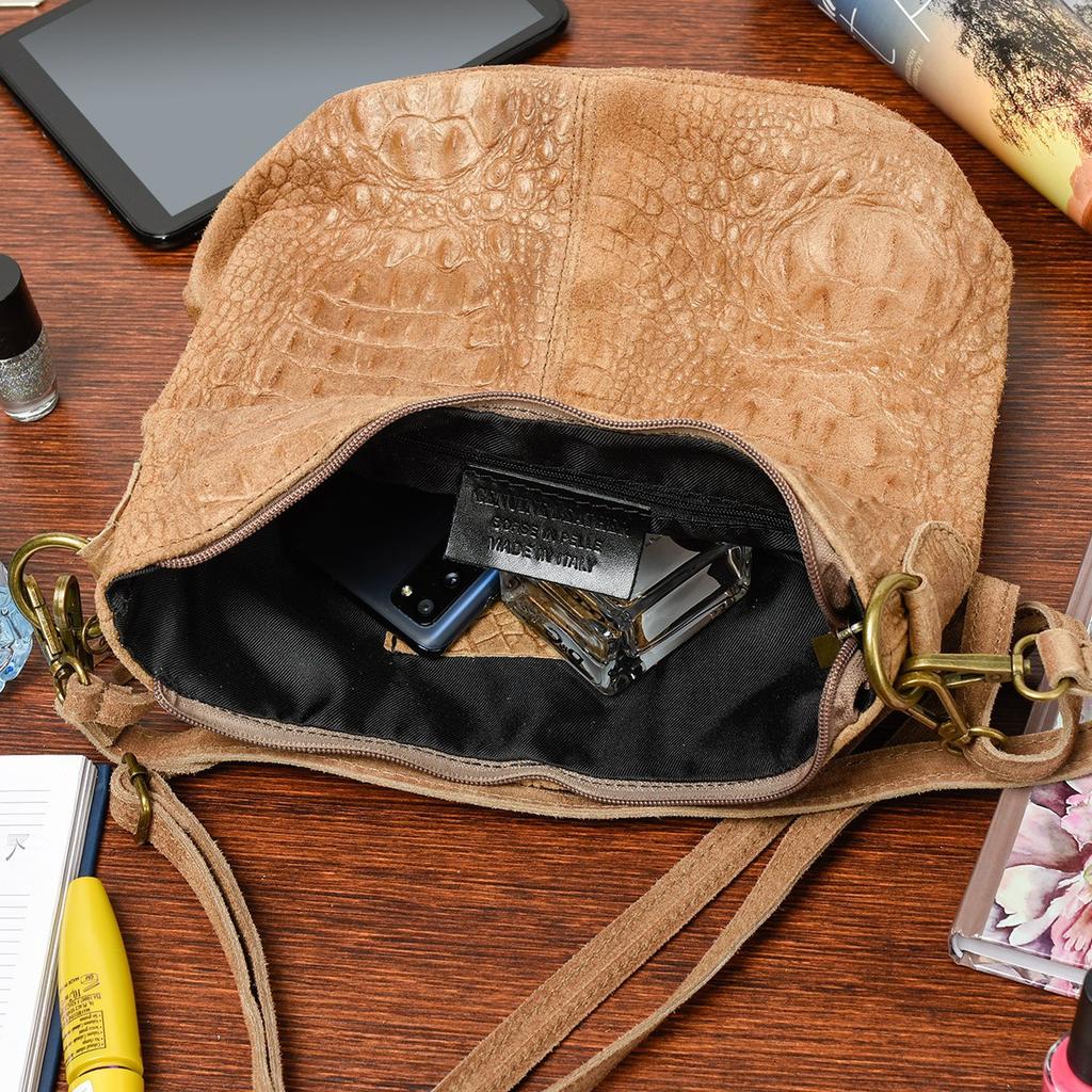 Kožená semišová kabelka CROCO crossbody 2 popruhy taupe Beltimore W13