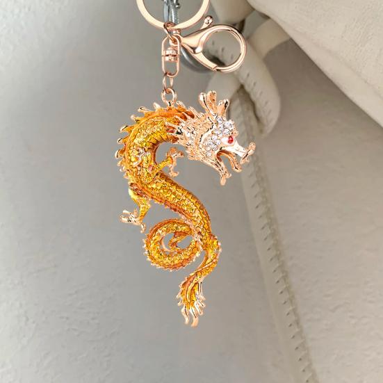 Keychain Sparkling Rhinestones Inlaid Dragon Design Keychain Pendant Enamel Oil Drip Process Polished Edges Spring Buckle Key Holder Backpacks