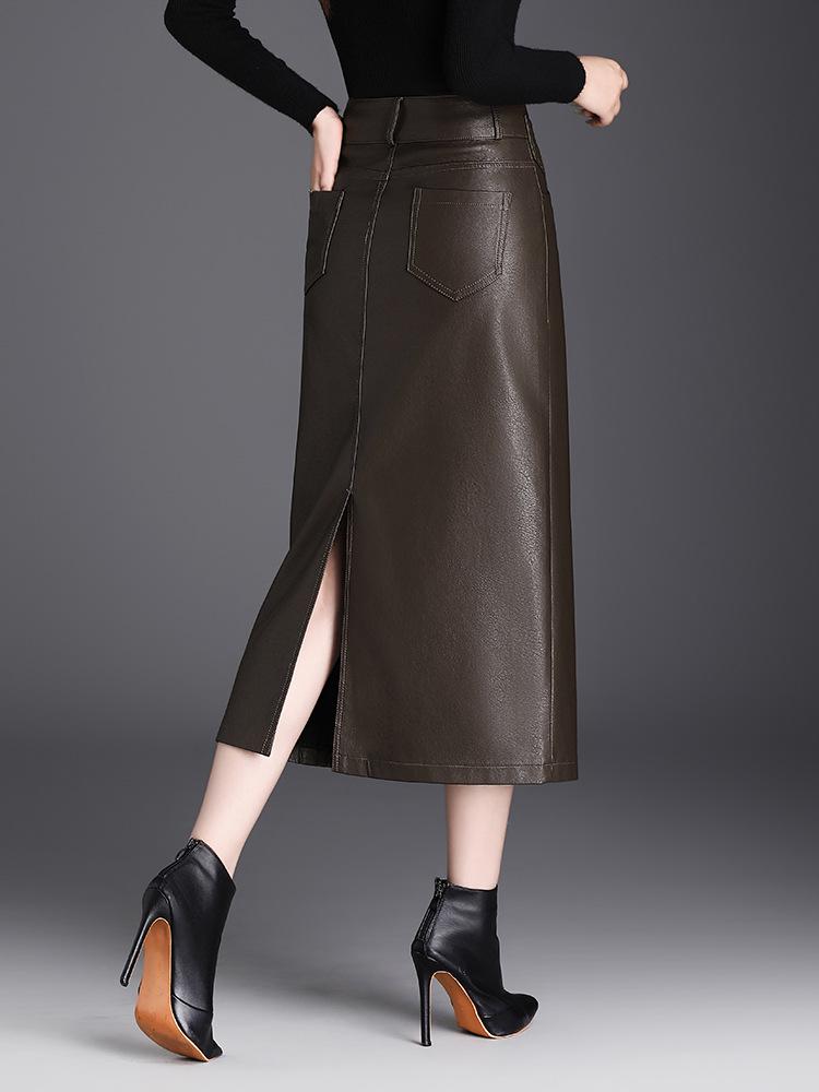 Ołówkowa Spódnica z PU Skóry z Kieszeniami, Wysoki Stan, Kolekcja Jesień/Zima 2025, Krój Prosty, Dopasowana.