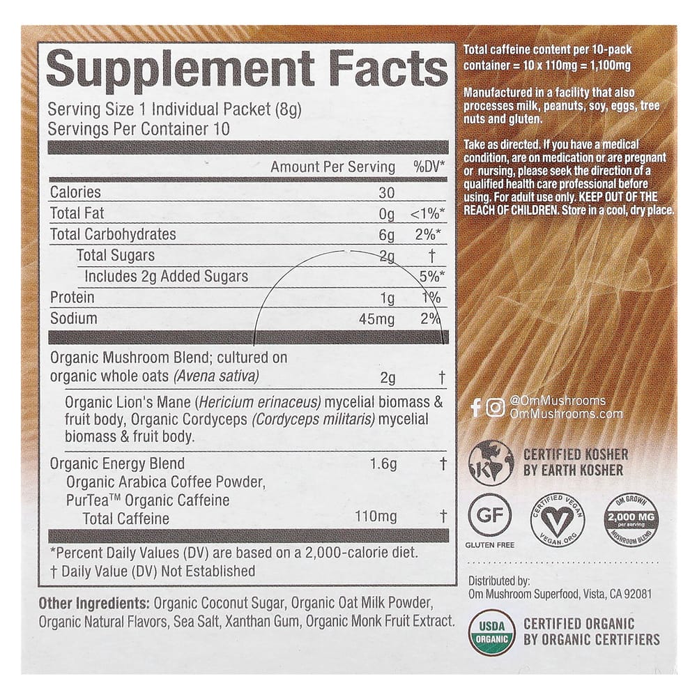 Om Mushroom Coffee Latte Blend, 10 Packs (8g Each)