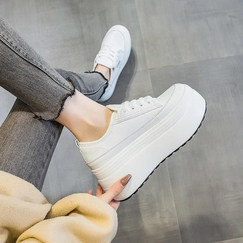 Fashion Top quality 8cm Cow Genuine Leather Spring Casual Chunky Sneakers Women Vulcanize Shoes Wedge Platform Wedge Comfy Pumps Autumn