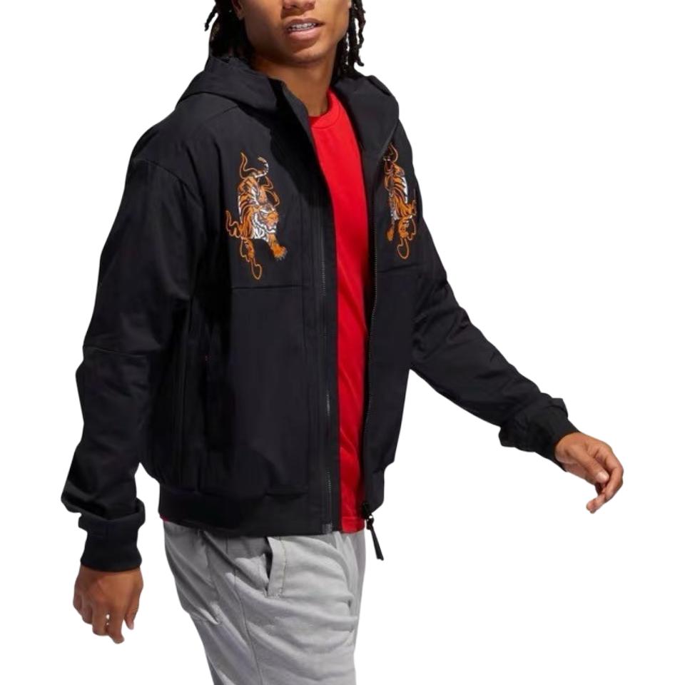 adidas New Year Series Double Tiger Pattern Zip Hoodie Men Tops Black GG0767