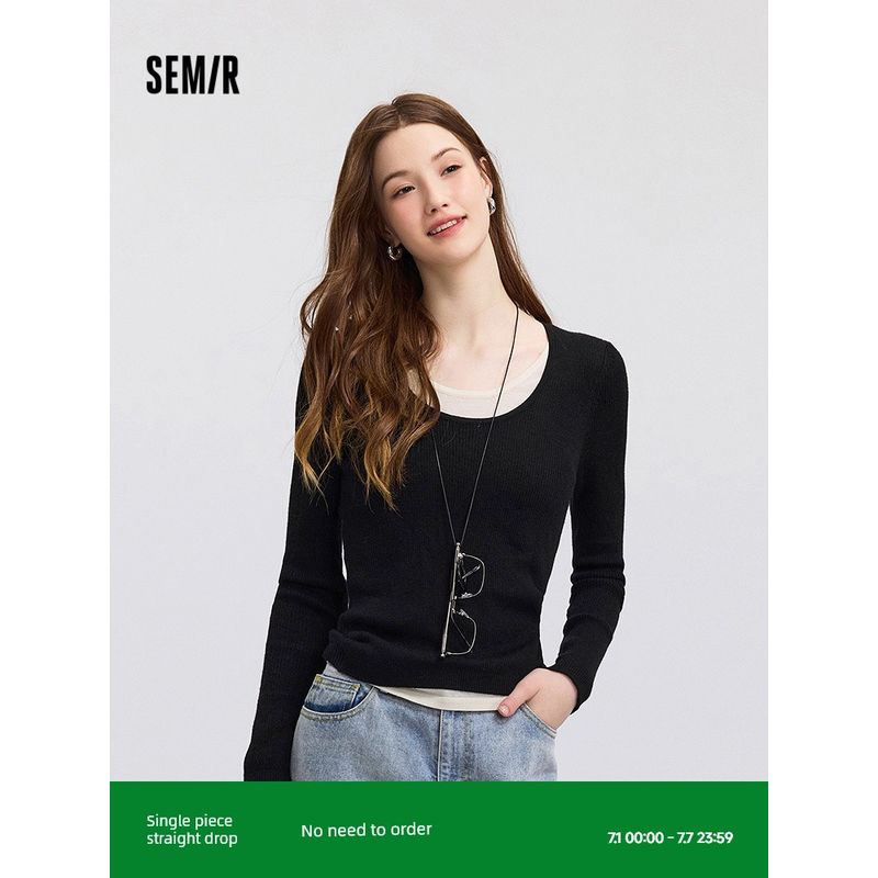 

[Same Style with Mall] Senma Sweater Women s Color-Block Crew Neck Skinny Versatile 2024 Winter New Arrival Fake Two-Piece Woolen Sweater Melange gray adjustment 00300 155/80A/S