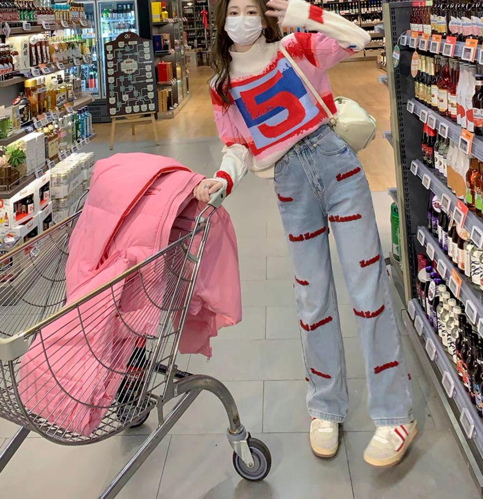 High Street Bestickte Weitbeinige High-Waist Jeans für Damen - Frühling, Bodenlang, Schlankmachendes Design