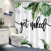 ~O~1pc 'Get Naked' Shower Curtain - Black Cursive Font, Green Tropical Leaves & Gold Accents, Polyester,  Modern Nature Design