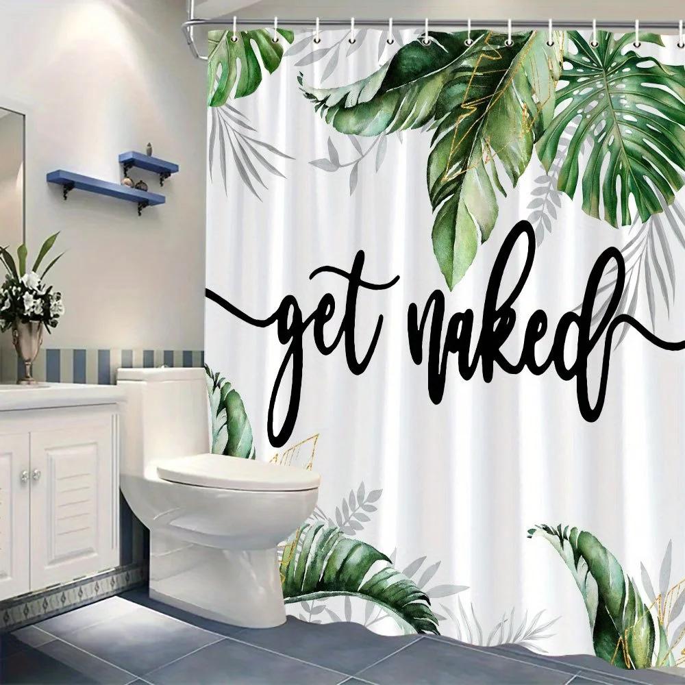 ~O~1pc 'Get Naked' Shower Curtain - Black Cursive Font, Green Tropical Leaves & Gold Accents, Polyester, Modern Nature Design