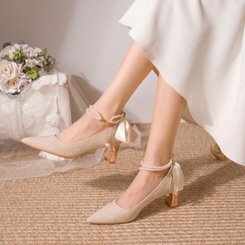 Fashion Bead Bow Women Mid Heels Shoes Designer Pointed Toe Elegant Pumps 2025 Autumn New Elegant Party Shoes Wedding Zapatillas Mujer