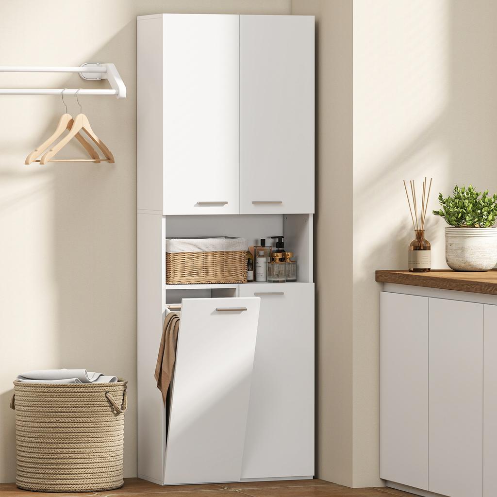 174 cm tall bathroom cabinet with fold-out laundry basket and soft-close doors, white