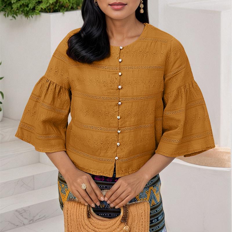 

ZANZEA Женская повседневная блузка с круглым вырезом, оборками, короткими рукавами, пэчворком и кружевом 5XL жёлтый