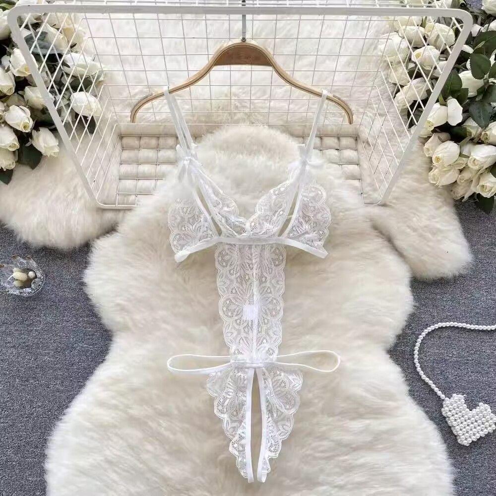 Mesh Hollow Women Lingerie Transparent Lace Sling Nightwear Lace Bow Bodysuit Home