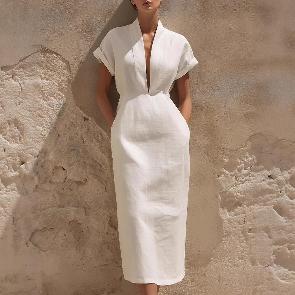 Frühlings-Damen-Einfarbiges Bodycon-Midikleid, Elegantes V-Ausschnitt-Taillenbetontes Langkleid für den täglichen Weg zur Arbeit, Europäischer Amerikanischer Stil