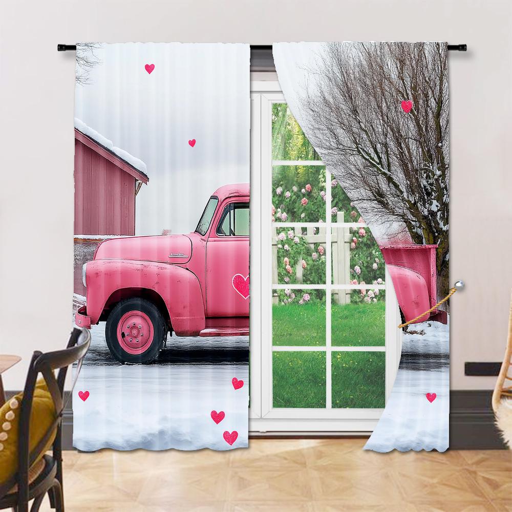 Set Of 2 Vintage Versatile Polyester Transparent Curtains Home Decoration Pink Truck Use Bedrooms Living Rooms Curtain Ideal For Great Room