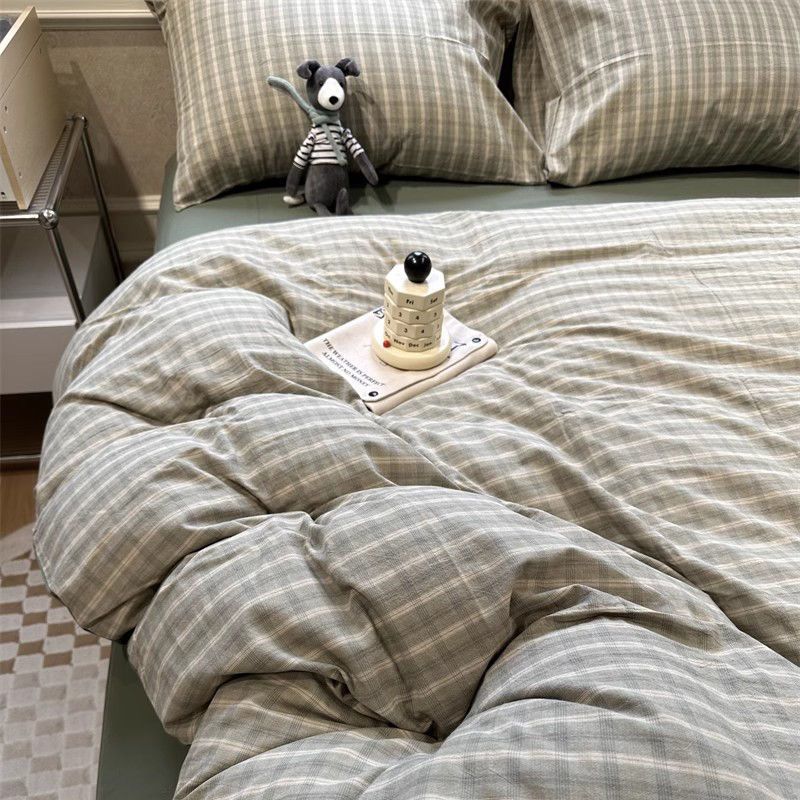 Green Nordic Bedding Set Ins Plaid Girls Boys Double Queen Size Duvet Cover Flat Sheet Pillowcase New No Filler Bed Linens