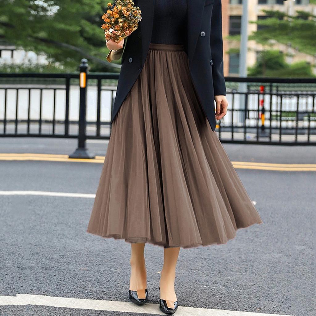 Women's Fashionable Color Loose Mesh Skirt, Elastic High Waist Large Swing Skirt, Pleated Skirt