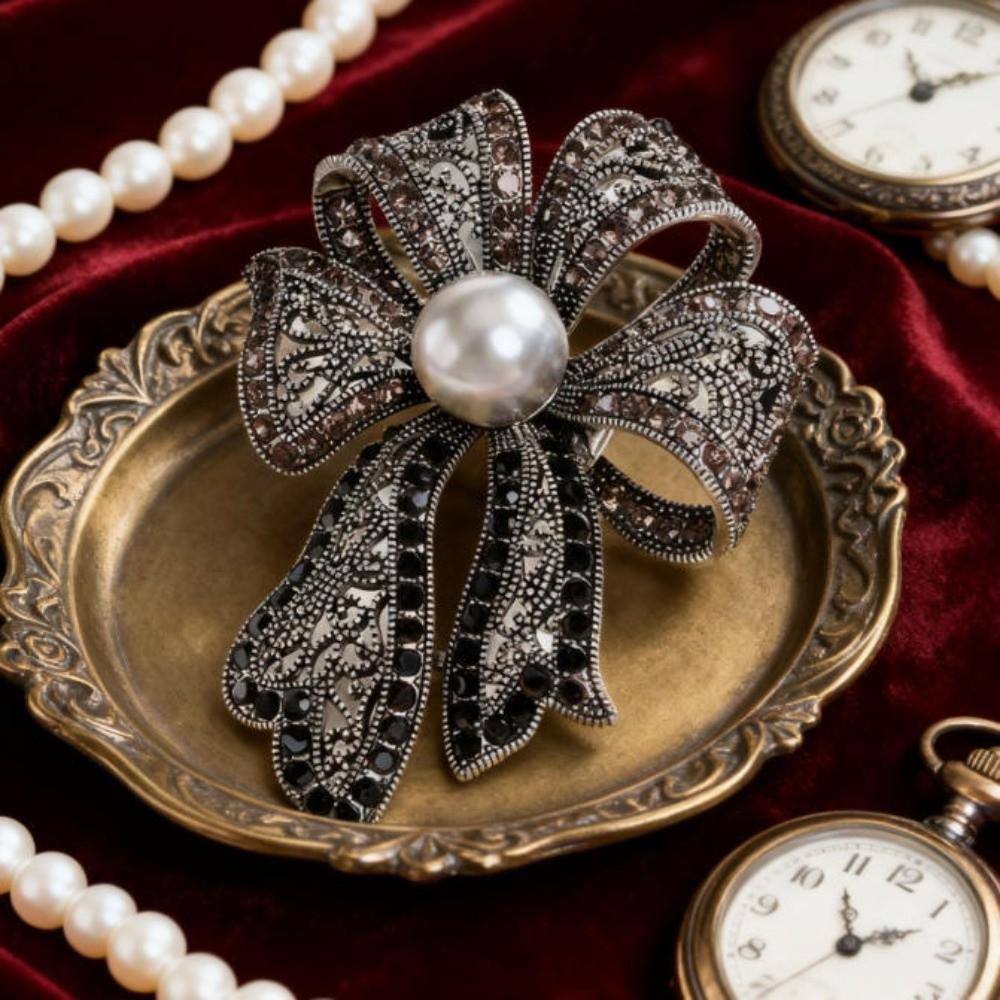 French Style Fully-rhinestone Pin Corsage Ornament Black Brooch Bow Brooch Western-style Clothes