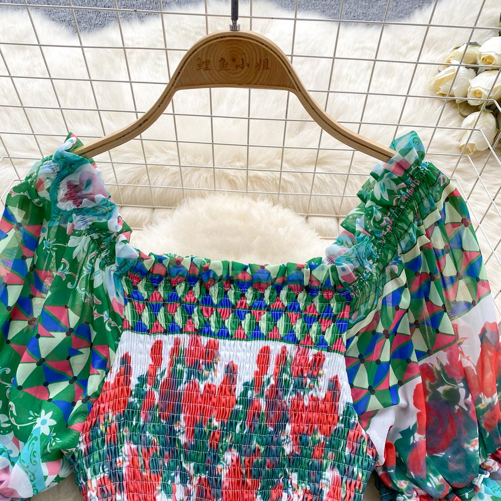 Berufskleid für Damen, quadratischer Kragen, Puffärmel, bedruckt, Chiffon-Kleider, A-Linie, Falten, Stretch, Vestidos Mujer, Sommer, Dropship