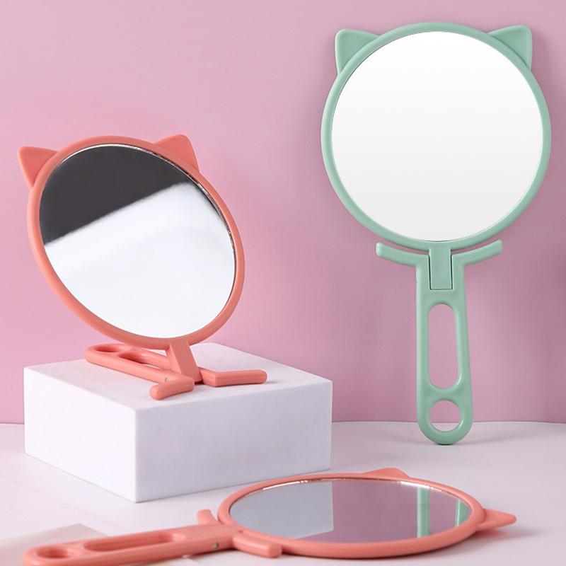 1 Stück Einfache Katzenohren Handheld HD Make-up-Spiegel Tragbar Faltbar Dual-Use Schreibtischspiegel Günstiger Studenten Hand-Make-up-Spiegel