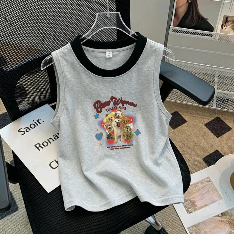 Korean Style Color Block Sleeveless Cotton Vest T-Shirt for Girls (Ages 6-12)