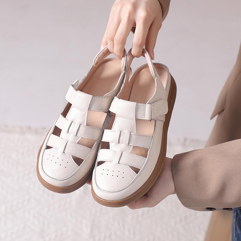 GKTINOO Genuine Leather Roman Sandals 2025 Summer Women Sneakers Closed Toe Comfortable Hollow Soft Sole Mom Shoes Plus Size